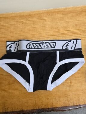 New No packaging.  AussieBum Men’s Black Briefs with White Trim - Logo Waistband